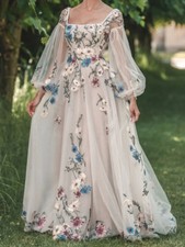 Colorful Embroidery Tulle A Line Wedding Dresses Boat Neck Garden Bridal Gowns