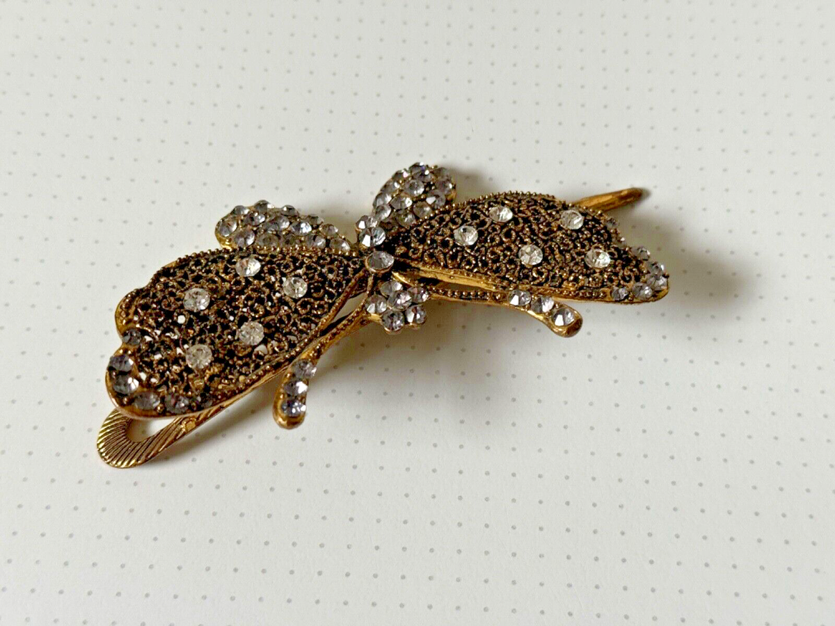 Hair Barette Butterfly Clip Slide Vintage gold toned crystal  display picture 2