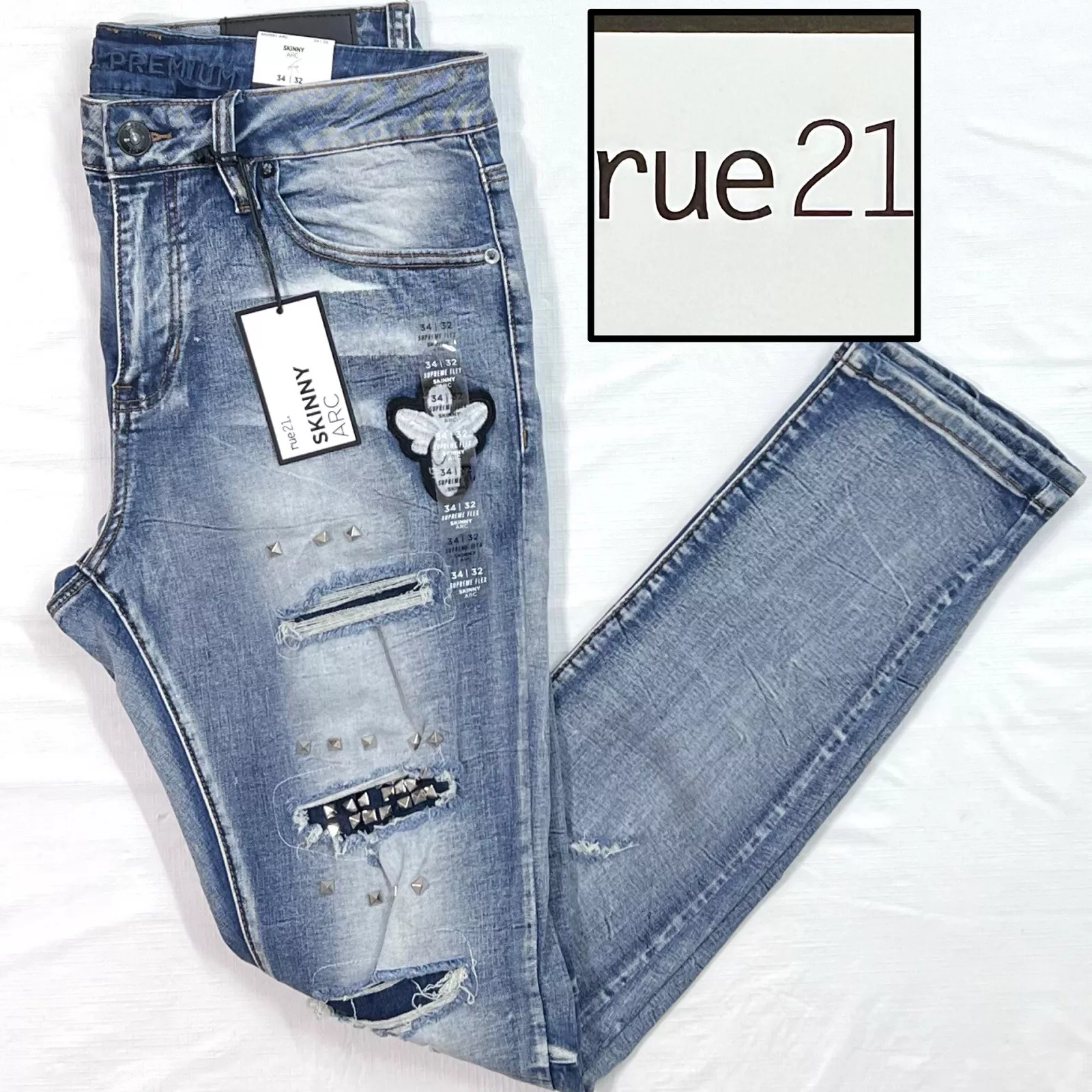 Pantalon jean homme taille 34x32 neuf avec étiquette RUE21 Supreme Flex skinny arc embelli denim