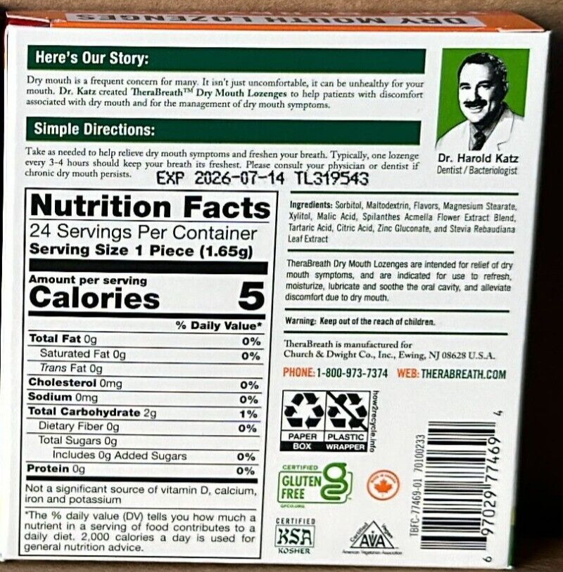 2 TheraBreath Dry Mouth Lozenges, Tart Berry 24 Count Each 48 Total 07/26