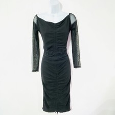 NEW Prettylittlething Black STRETCH MESH Ruched  6 Bodycon BARDOT Dress MIDI