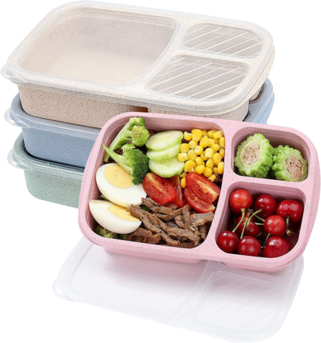 4 Pack Lunch Box Set 3 Compartment Wheat Straw Meal Prep Food Storage Container
