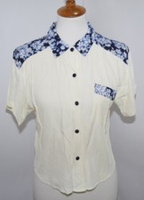 My Michelle White Button Down Short Sleeve Blouse Blue Floral USA Made Womens L