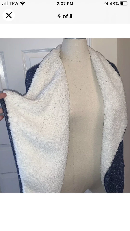 Cárdigan forrado Sherpa “Green Tea”. Envoltura abierta azul jaspeado talla Lg con bolsillos Foto 2 de 4
