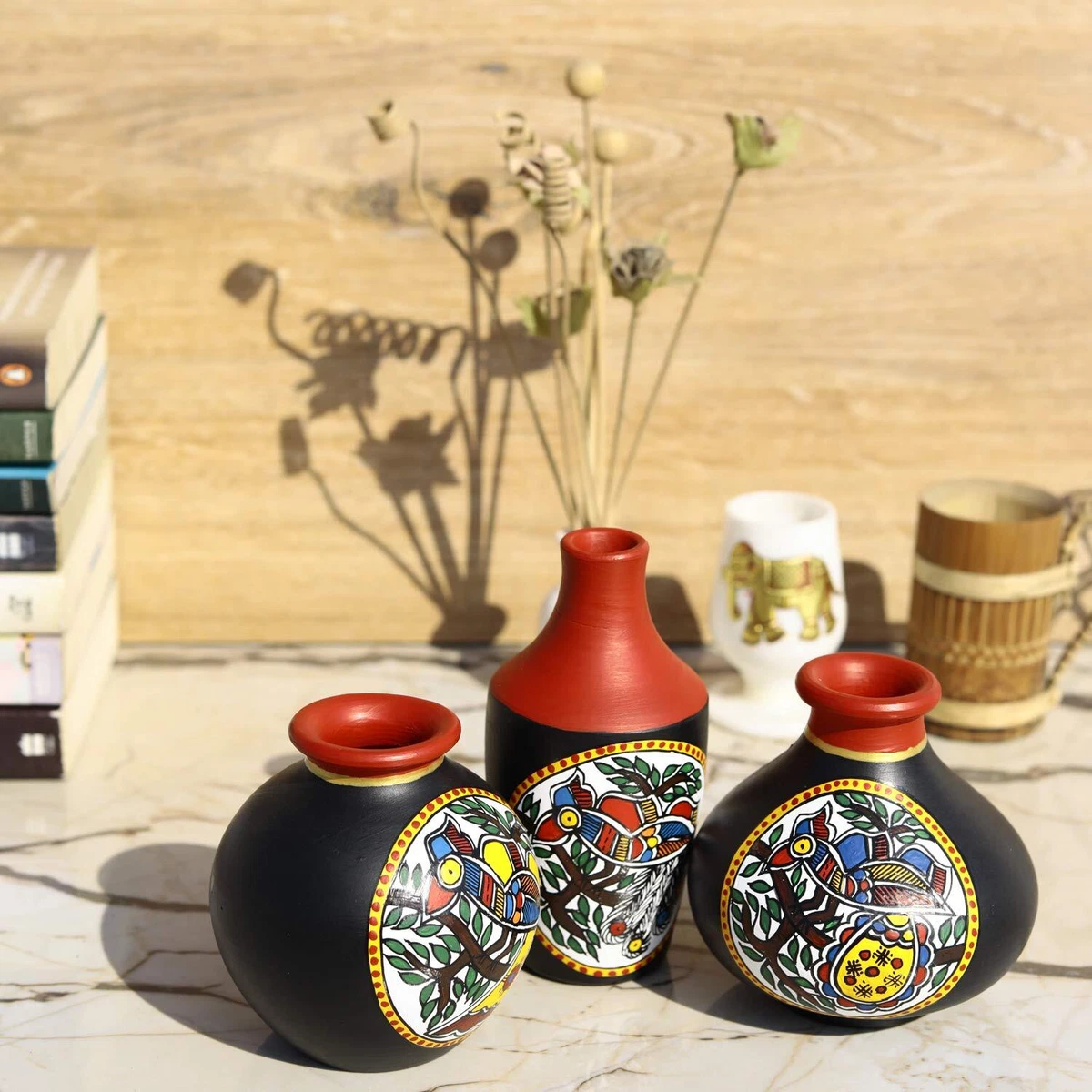 Terracotta Pot with Warli Art Hand Painted Earthenware Clay Pot Decor Pack  of 3