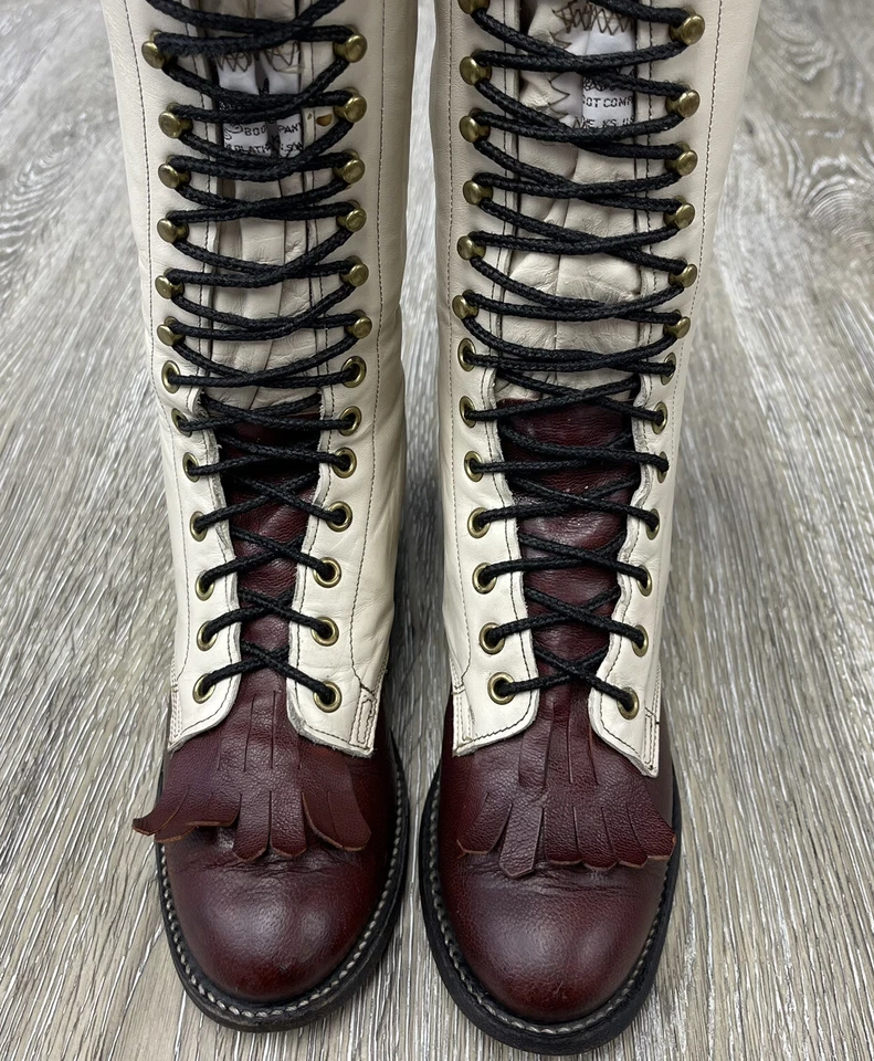 "Botas Kiltie Packer OLATHE para mujer vintage blancas granate 11"" con cordones talla 5,5" Foto 3 de 4