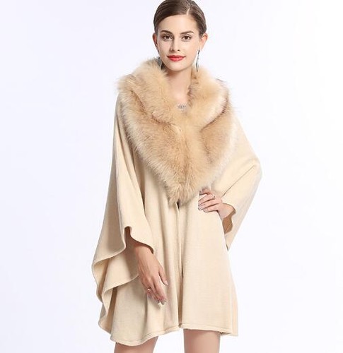 Fox Fur Collar Loose Ladies Oversize Knitted Cape Poncho Western Overcoat Casual - Picture 15 of 18