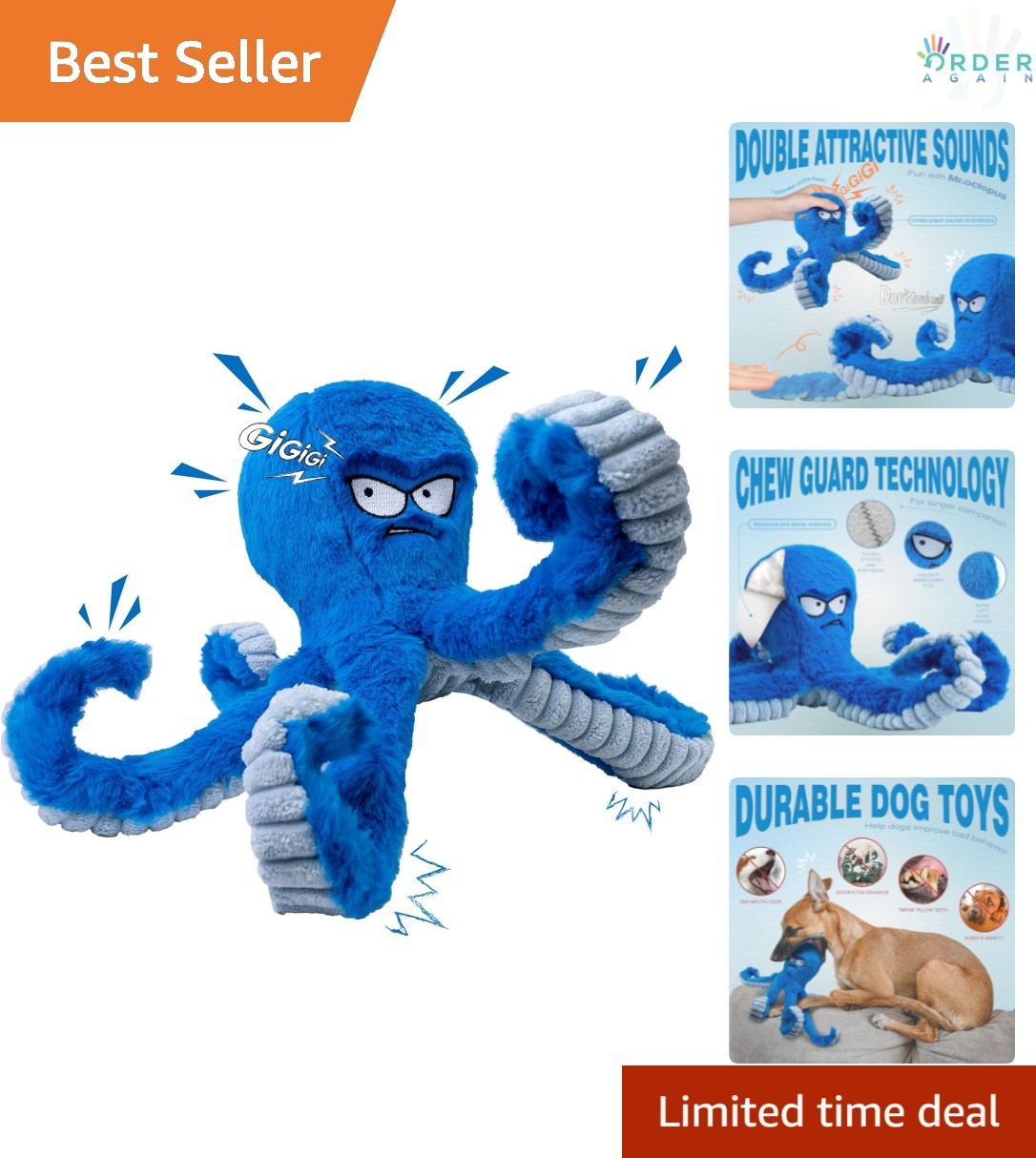 Large Plush Dog Toy Blue Octopus Squeaky Crinkle Tug for