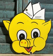 VINTAGE PIGGLY WIGGLY 10” PORCELAIN GENERAL STORE GROCERY MARKET GAS SIGN