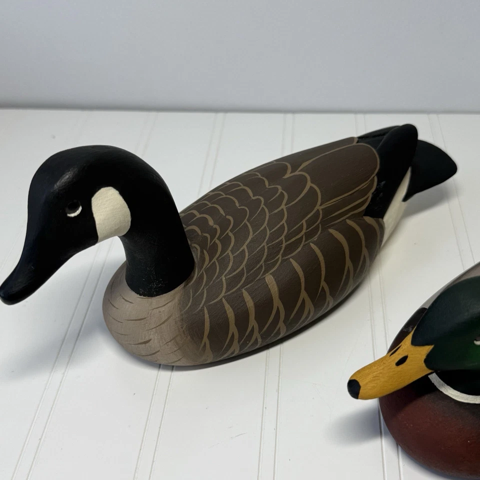 Vtg 1979 Don Allen Hand Carved Wood Duck Goose Decoy Pair Signed Folk Art - Image 3 of 4