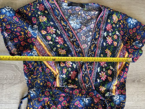 Boho Wrap Dress Short Sleeves, Colorful Bright Navy Floral Paisley Print Sz S - Picture 9 of 10