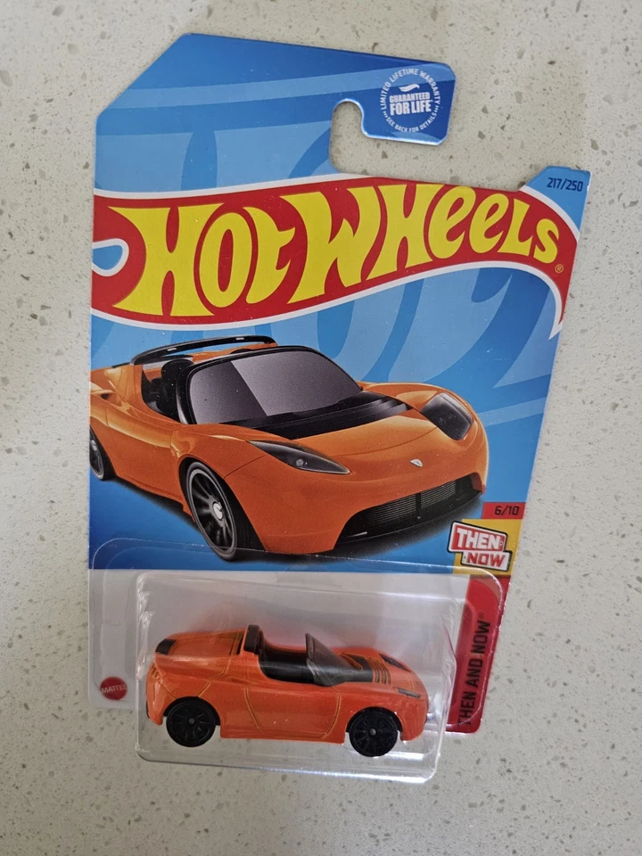 2 Tesla Hot Wheels, 1 Red Models S Plaid Ev, 1 Orange Roadster Then & Now New - Image 3 of 4