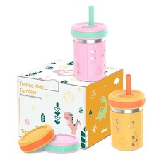  2 Pack 10 oz 2-in-1 Stainless Steel Kids Tumbler Cups with Silicone Sleeves...
