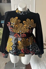 Handmade African Ankara Black Velvet Long Sleeve Peplum Top (M)