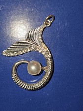 Silver Mermaid Tail Pearl and Rhinestone Accent Zipper Pull Keychain Purse Charm