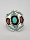Vtg Navajo Sterling Silver Chip Turquoise & Coral Flush Shadowbox Men's Ring