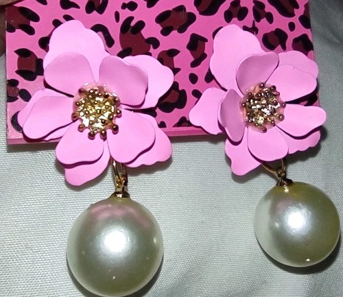 Betsey Johnson Crystal Lilac Star Rose Flower Gold Drop Earrings Free Gift Bag