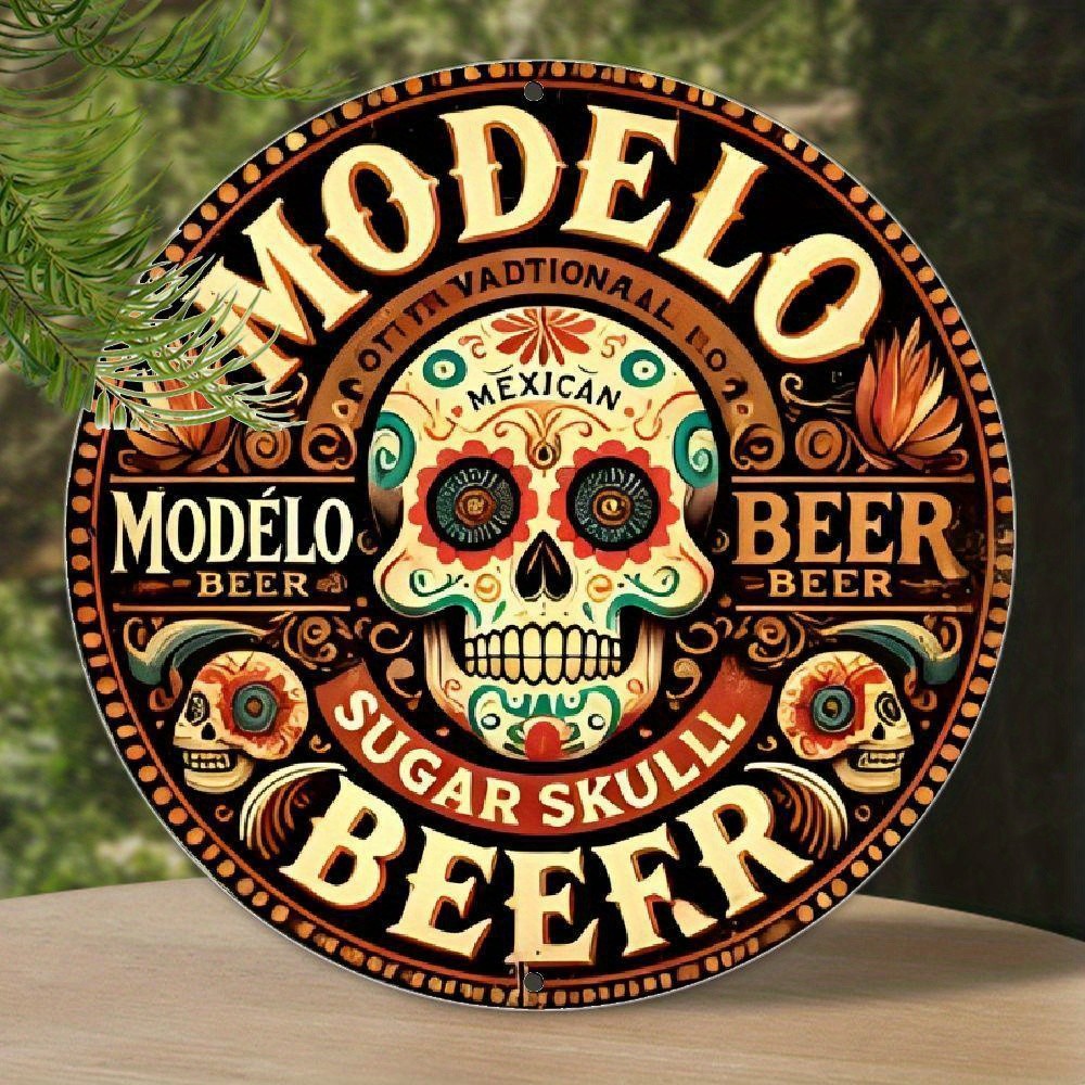 Tin Metal Sign Vintage Modelo Sugar Skull Beer Round Wall Art 8x8