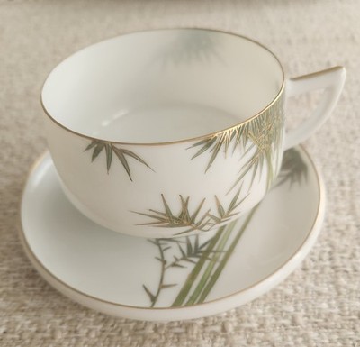 Vintage Koshida Kyoto Japan KSH12 Green Bamboo and Gilt  24K -Tea Cups & Saucers