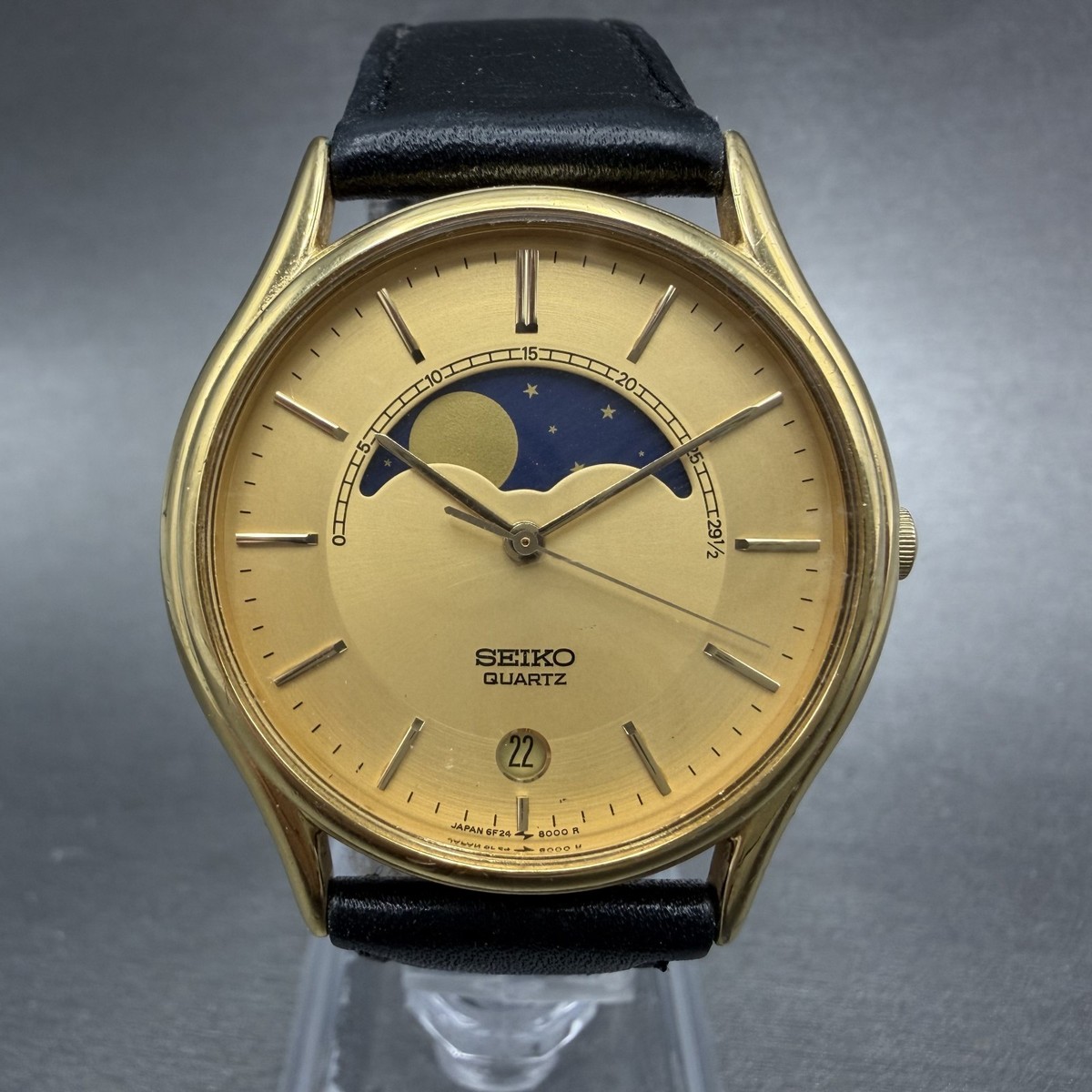 Seiko Moon Phase Watch Men 34mm Gold Dial Gold Tone Date 6F24-8000 