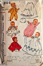 SIMPLICITY PATTERN 1844   11 1/2"   BABY DOLL CLOTHES  CUT  VINTAGE 1960S
