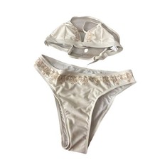 NWT Womens Ivory Gold Triangle Bikini Swimsuit 2 Piece Set Whimsical Boho Floral
