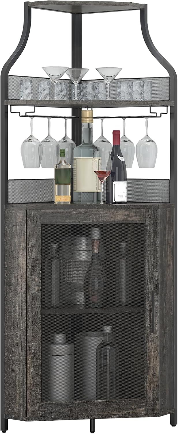 Space-Saving Corner Bar Cabinet with Wine Rack, Glass Holder & Adjustable Shelve