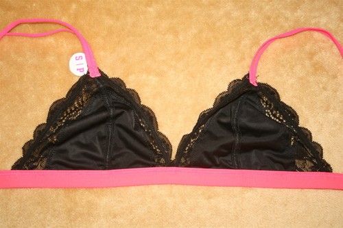 Black Lace Triangle Victoria's Secret Lace Cups & Salmon Orange Bands - S - Picture 5 of 5