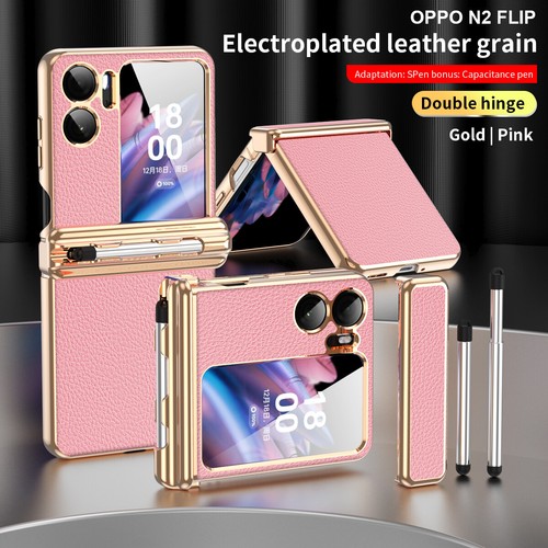 For Oppo Find N2 Flip, Luxury Case Hinge Leather Plating Cover + Capacitance Pen - Picture 16 of 24