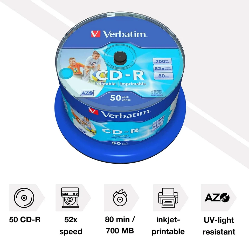 Verbatim CD-R AZO Wide Inkjet Printable 700 MB, 50er Pack Spindel, CD Rohlinge - Bild 2 von 4