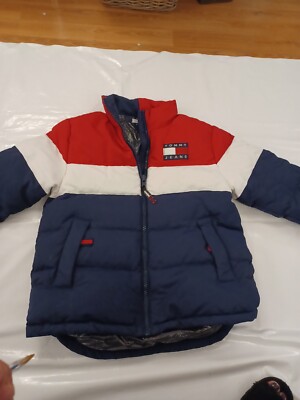 Tommy Hilfiger Mens Padded Jacket Red White Blue Logo Size Medium UK