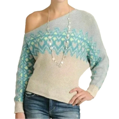 Free People Women's Small Sweater Heart Fair Isle Blue Beige Off Shoulder