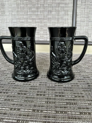 Tiara Indiana Glass Vintage Amethyst Black Glass Stein Mug Tavern Scene Set of 2