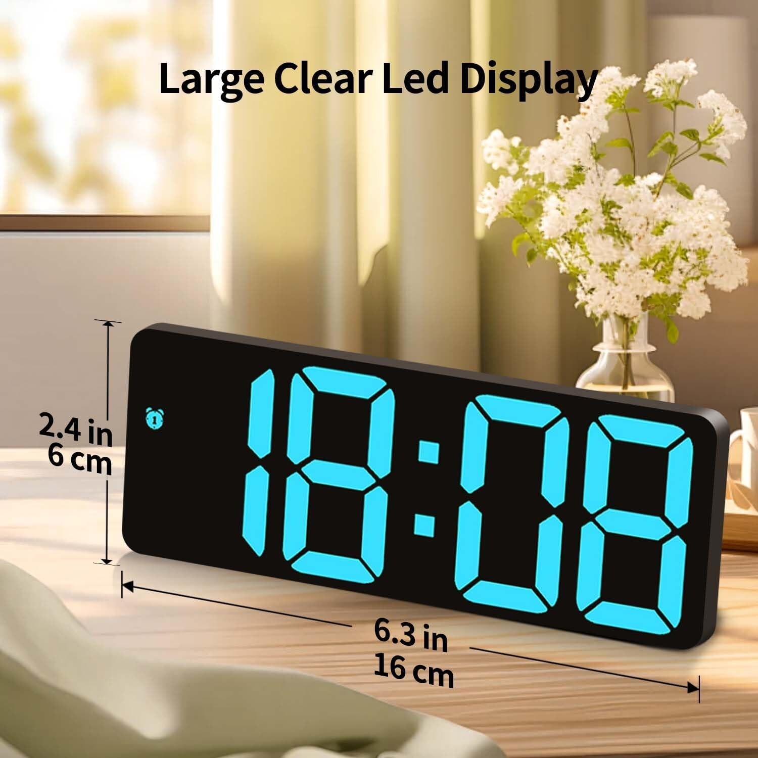 Small Digital Clock, 6.5 Inch LED Display with Light Blue Digits, 3 Levels Brigh
