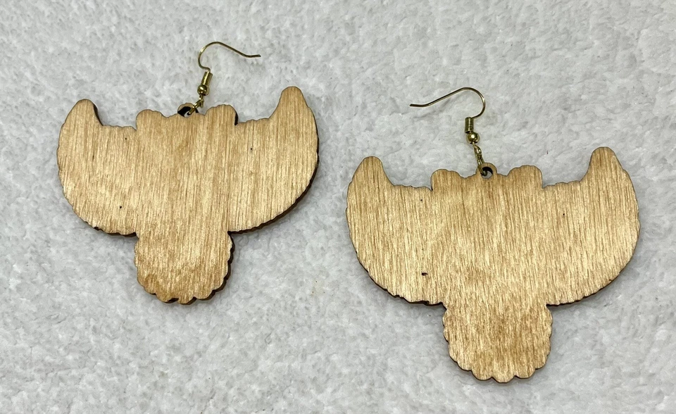 Artisan Made Wooden Owl Flying Earrings Boho Western Avant Garde Natural - Image 4 of 4