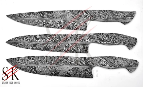 Lot of 3 Feather Damascus Steel Chef Knife Blank Blade Kitchen Knife Making CB27