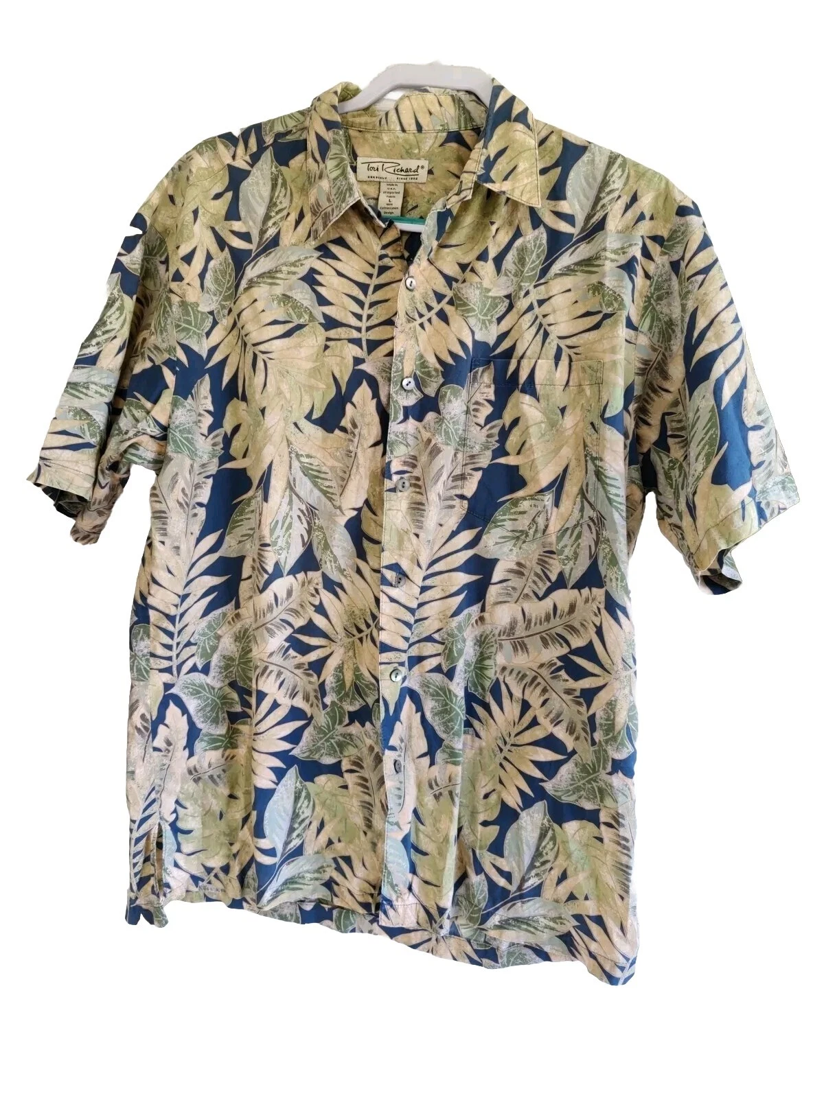 Tori Richard Hawaiian Shirt Large Short Sleeve 100% Cotton Blue/Green Leaves USA
