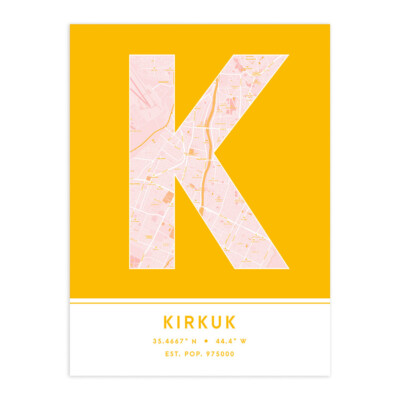 Kirkuk Irak Stadtplan Typografie ungerahmter Wandkunstdruck 12 x 16 Zoll