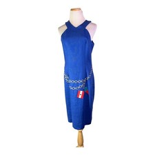 Vintage Bouillabaisse Size 6 Blue Linen Sheath Dress Embroidered Nautical Flaw