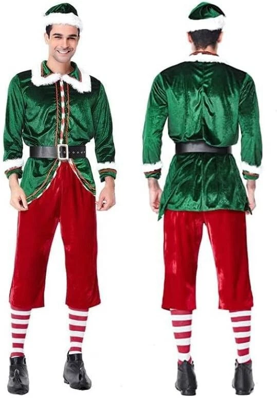 Adulto Navidad Elfo Disfraz Verde Papá Noel Navidad Fiesta Conjunto para Hombre Foto 3 de 4