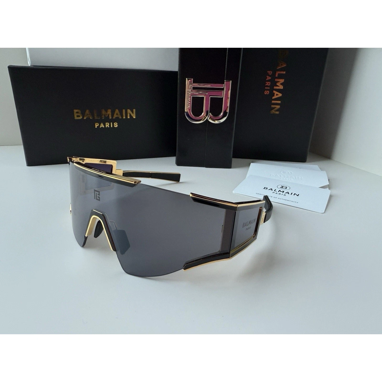 Balmain — BALMAIN FLECHE BPS-138-A Yellow Gold Black Dark Grey Shield Sunglasses AUTHENTIC