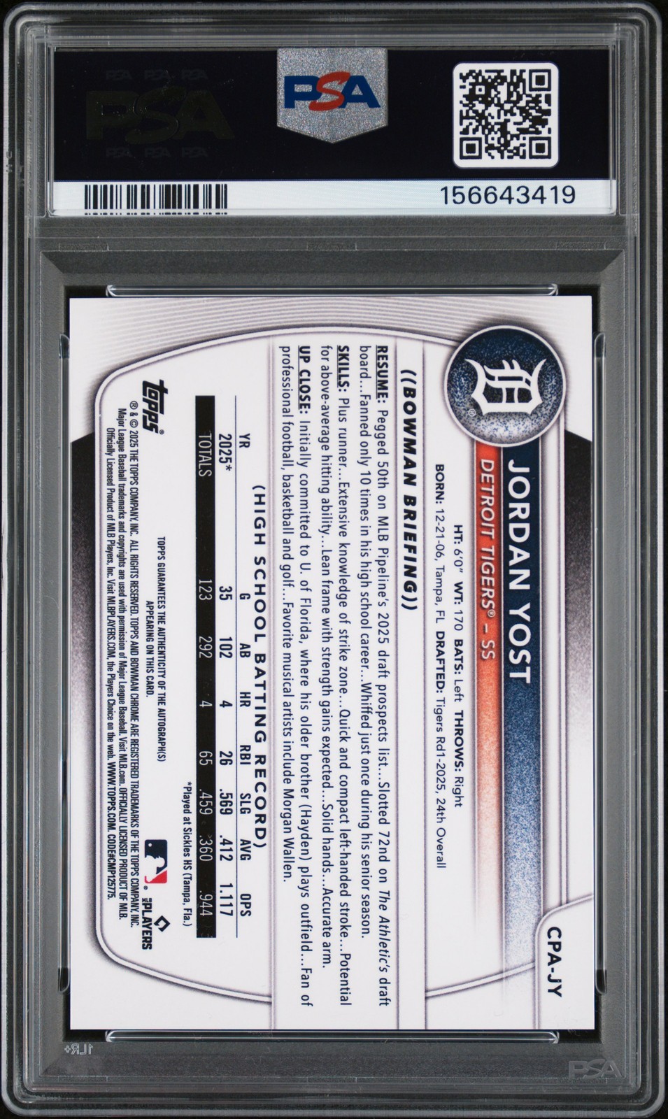 2025 BOWMAN DRAFT CHROME PROSPECT #CPA-JY JORDAN YOST 20/25 PSA 9 DNA AUTO 10 view 2