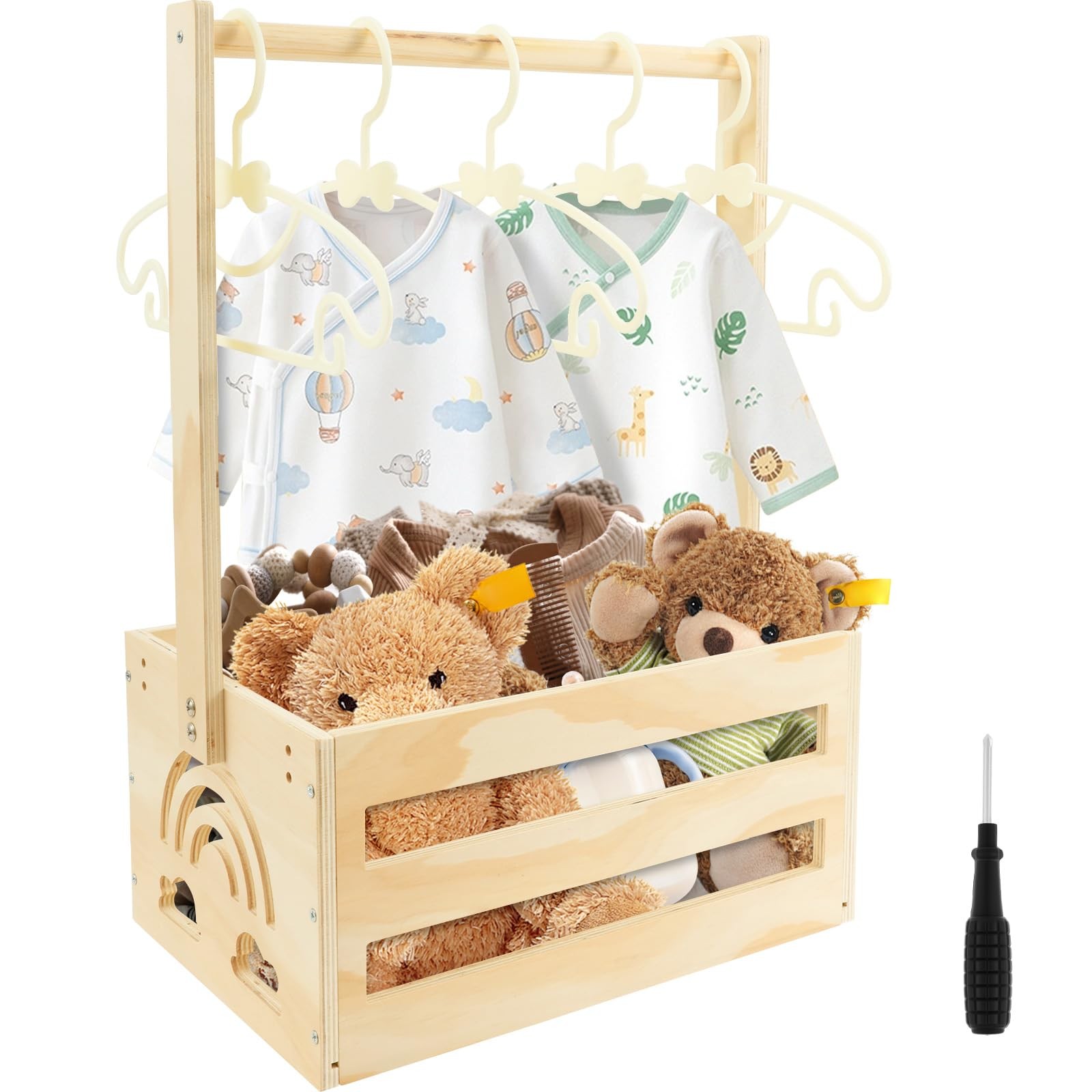 Cadeau de baby shower : panier bébé en bois pour fête prénatale avec penderie