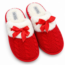 Women Red Knit Slippers Faux Fur Bow Cozy House Shoes Holiday Slippers size 9/10
