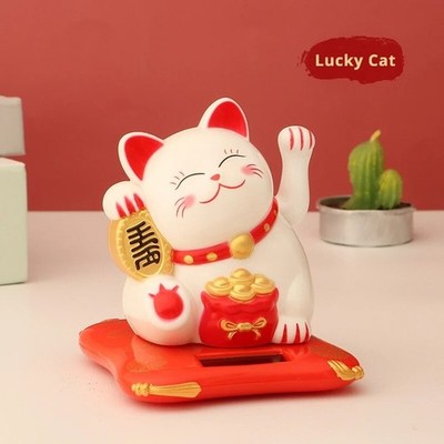 Solar Powered Lucky Beckoning Cat Waving Wealth Fortune Home Office Decor White