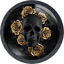 4 Pack Kitchen Cabinet Knobs 1.37"L x 1.1"W - 4pcs Black Skull with Gold Roses