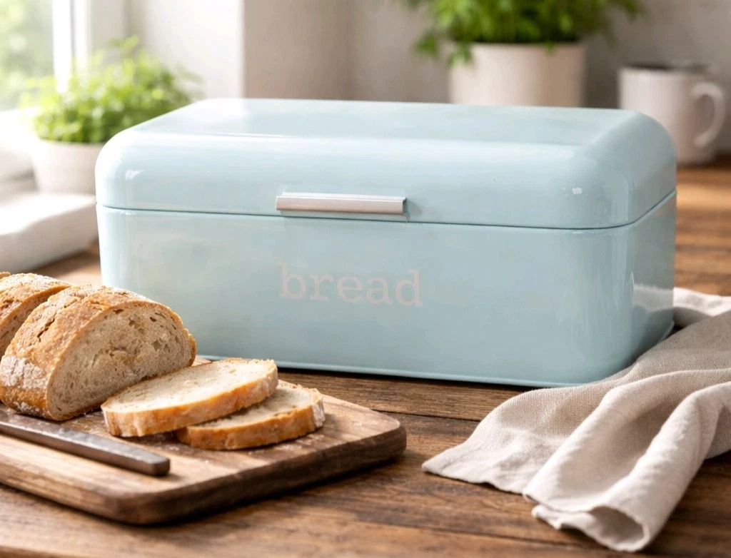 Metal Bread Box Storage Bin Light Blue 16.75 x 9 x 6.25 Inches Retro Style FLAW