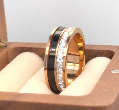 7mm Black & Rose Gold Titanium Ring High Polished CZ Inlay Ring Future Wife Ring