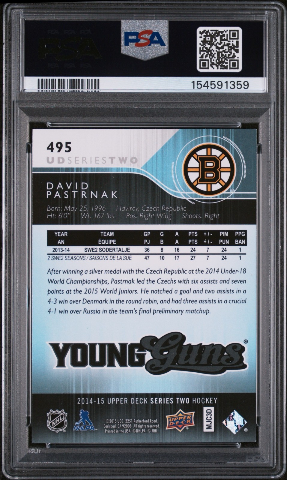 2014 Upper Deck Series Two #495 David Pastrnak Young Guns PSA 9 - Bruins view 2