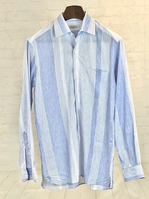 Ermenegildo Zegna Mens Blue Striped Cotton Dress Shirt Medium 15.5-16 36/37 $897